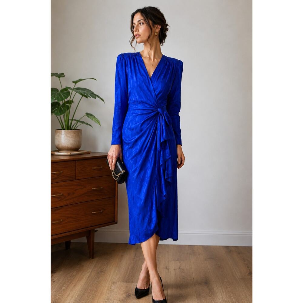 80s Vintage Argenti Pure Silk Blue Midi Wrap Dress Bow Sz 12 Glam Retro Flowy